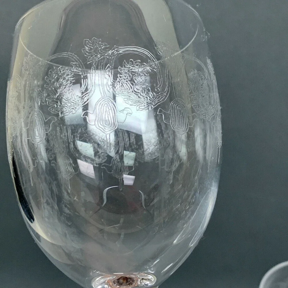 Clear Glass Wine‎ Glasses 7 1/2 high Lot of 2 Etched